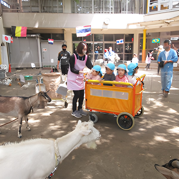 築山やすべり台などがある併設幼稚園の園庭